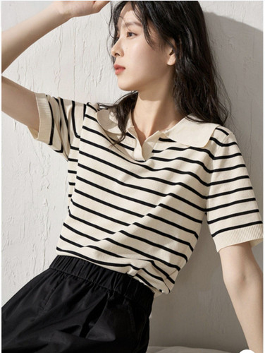 撞色POLO领复古港味条纹T恤2025夏女装新款短袖针织经典上衣