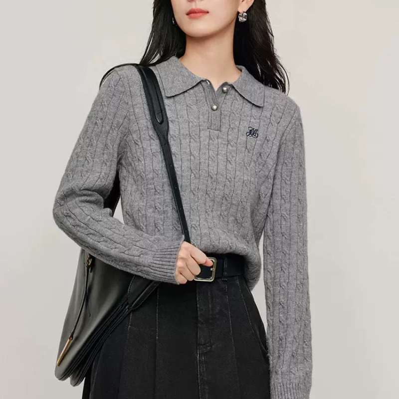 灰色麻花毛衣女2026新款秋女装打底衫polo领针织衫长袖上衣