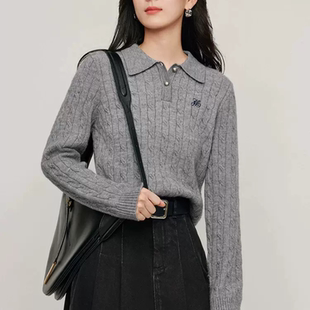 灰色麻花毛衣女2026新款秋女装打底衫polo领针织衫长袖上衣