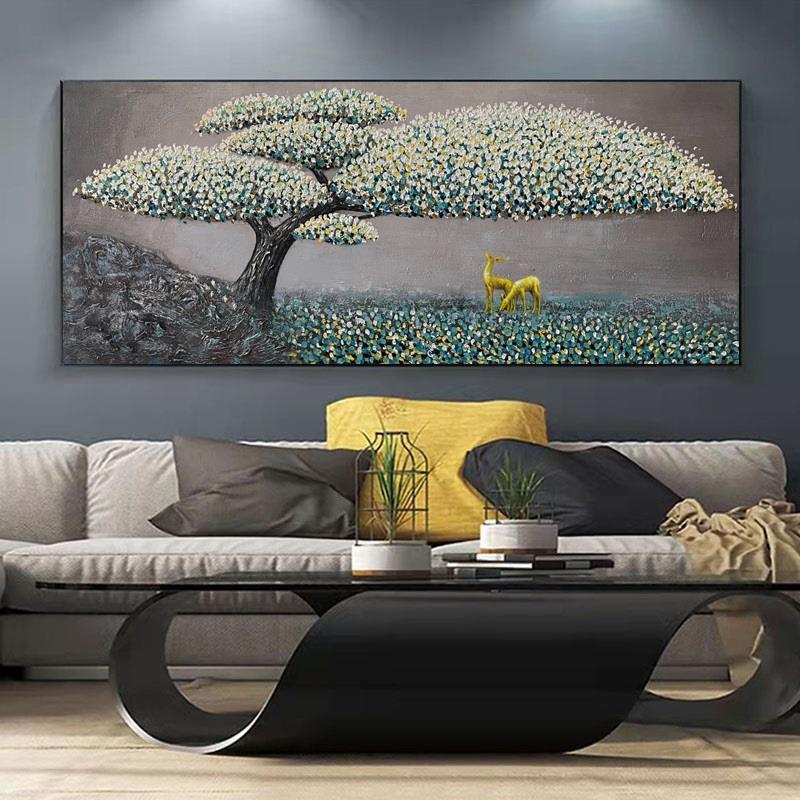 客厅装饰画沙发背景墙现代手工挂画立体横版油画手绘发财树大幅画图片