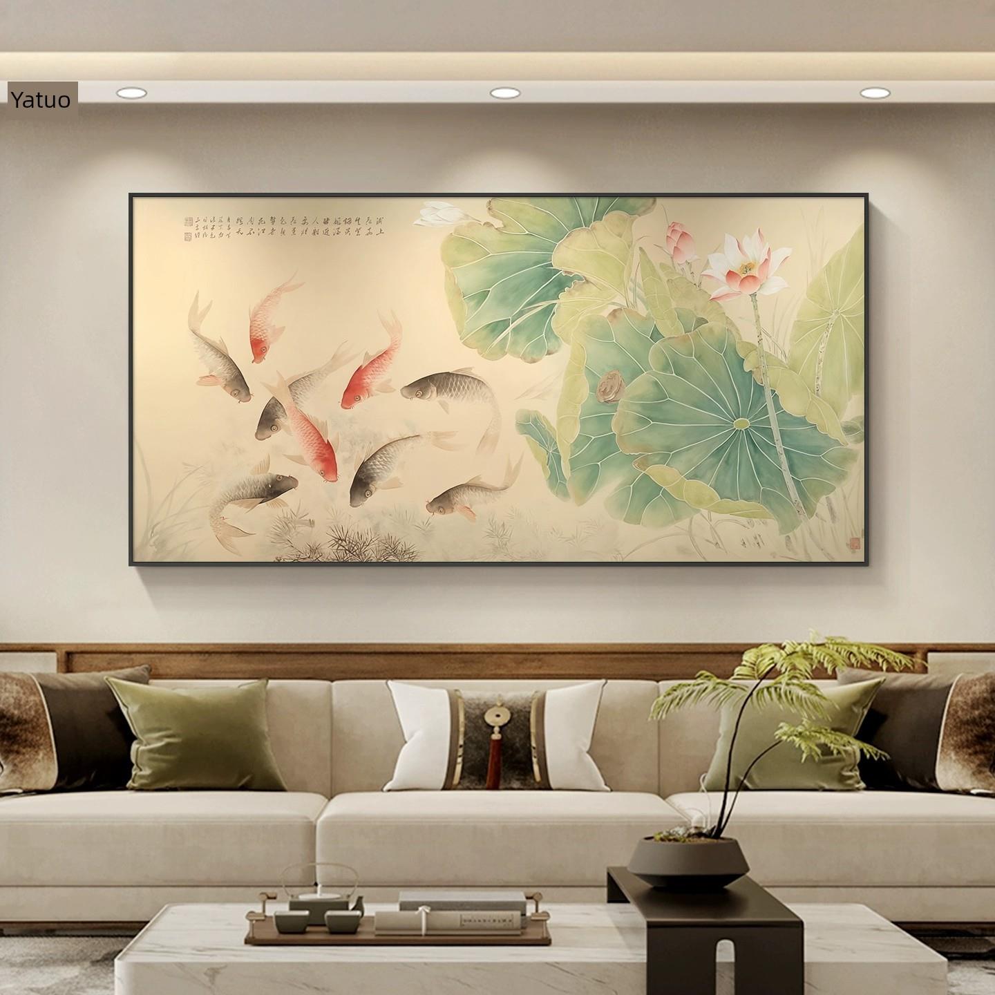 新中式荷花九鱼图客厅装饰画沙发背景墙挂画餐厅2025新款壁画横幅图片