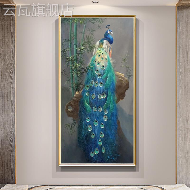 美式玄关孔雀手绘油画新中式客厅巨幅竖版装饰画楼梯走廊过道壁画图片
