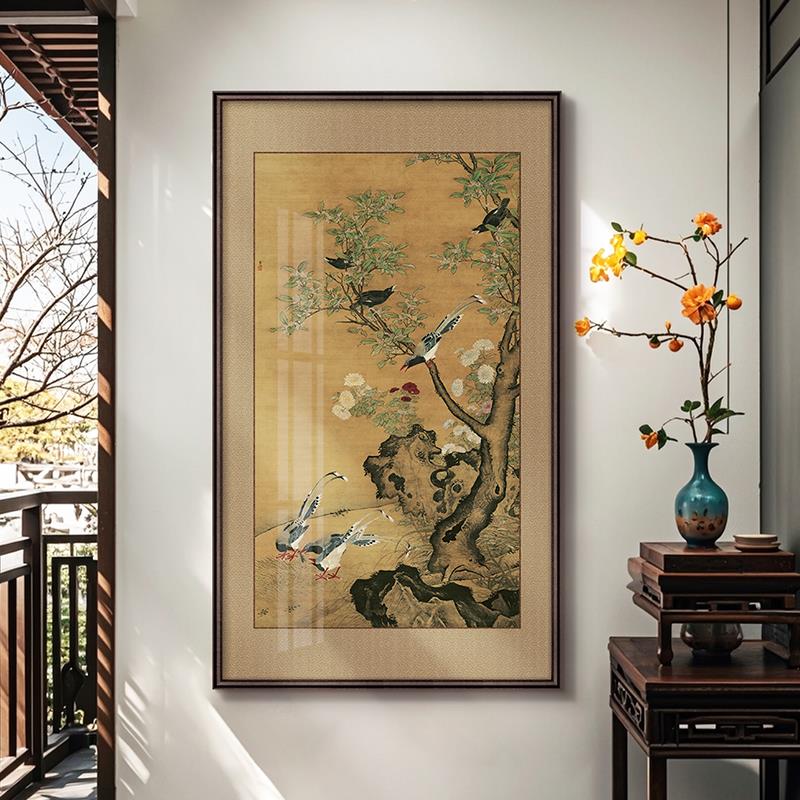 桂菊山禽图新中式玄关装饰画走廊过道挂画中古风花鸟入户竖版壁画