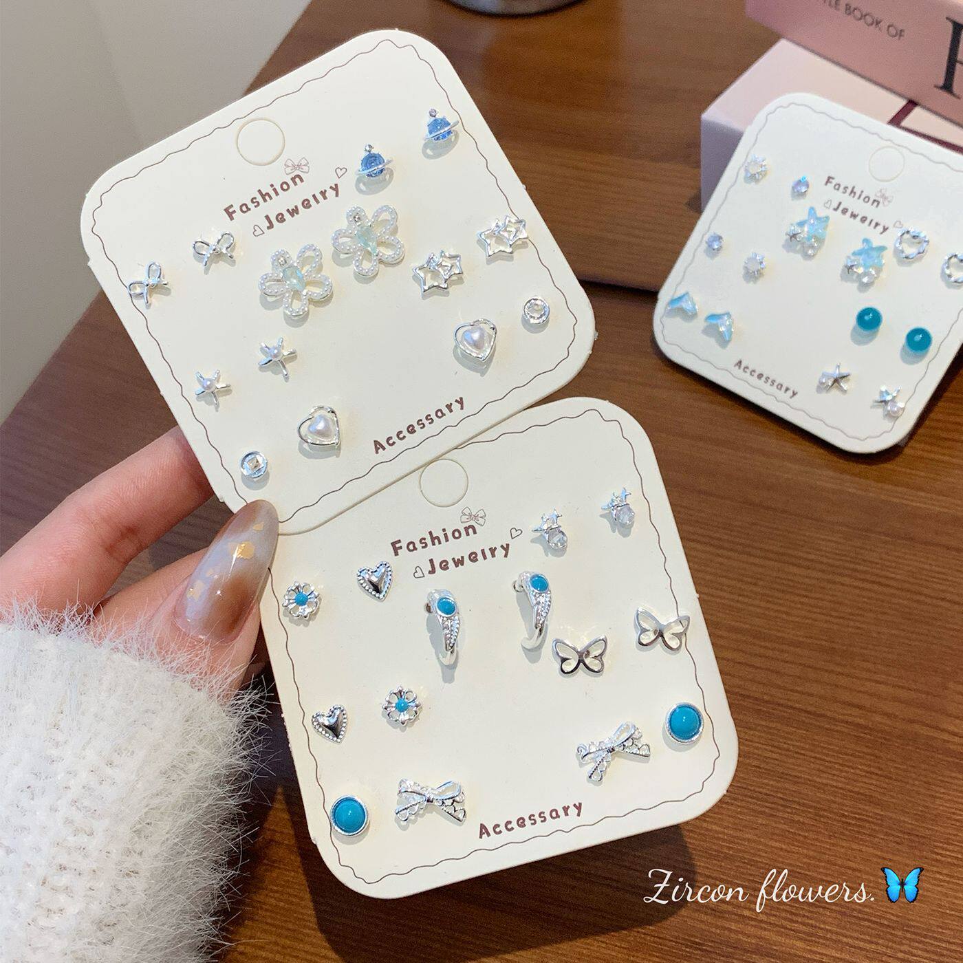 蓝色海洋度假风耳钉配饰套装女银针精致甜美珍珠花朵百搭学生耳饰