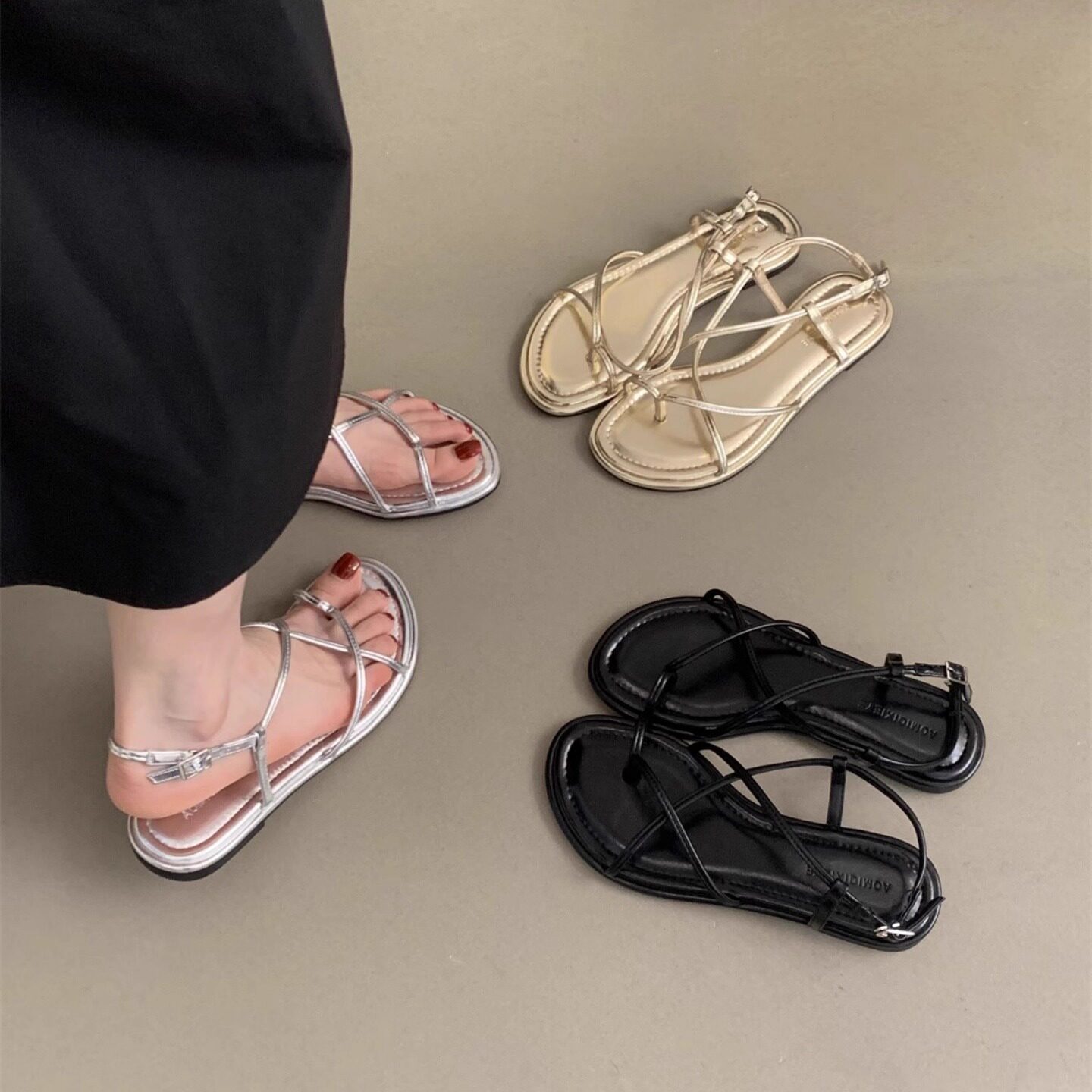 女士凉鞋女夏季外穿新款韩版法式绝美仙女风交叉细带软平底罗马鞋