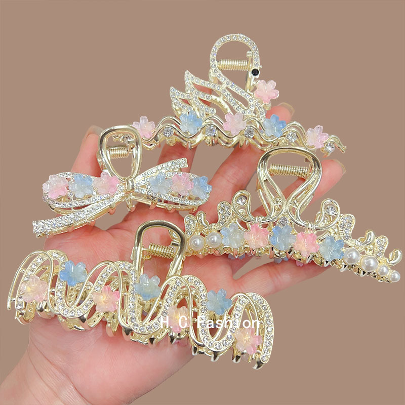 感甜美花朵抓夹新款气质优雅盘发鲨鱼夹大号女后脑勺发卡饰品