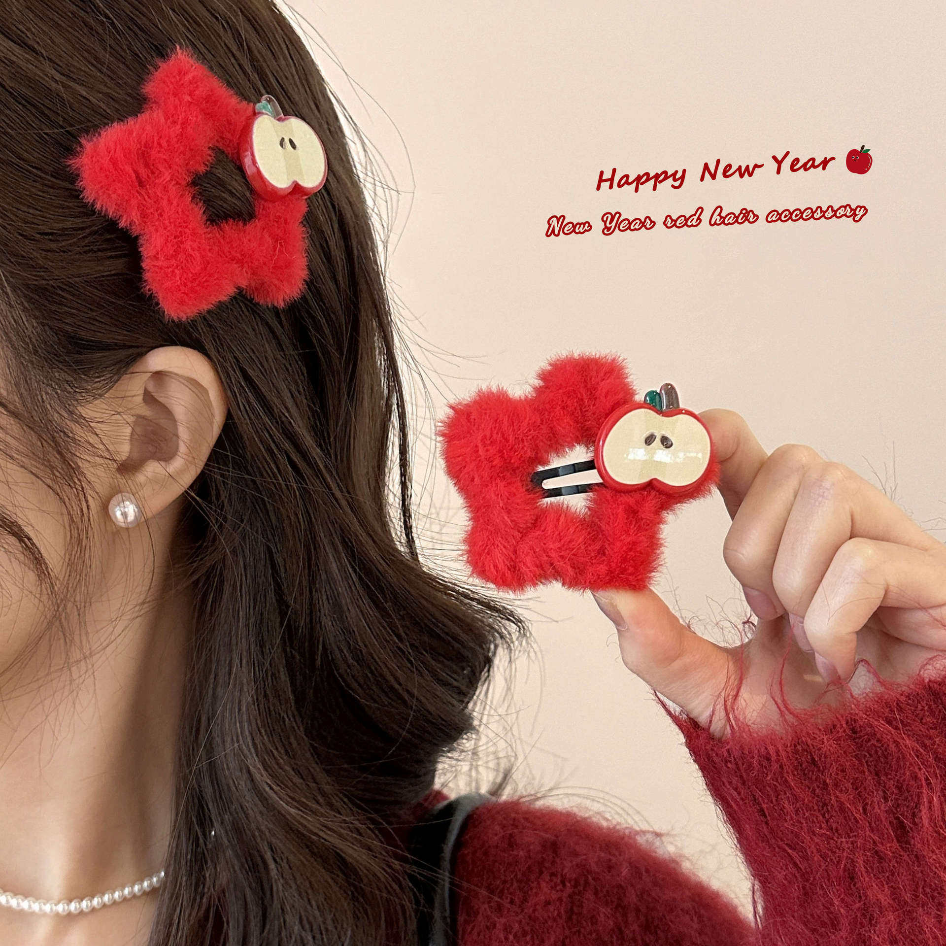 TKTK新年红色毛绒星星发夹女刘海碎夹侧边夹秋冬毛线五角星发卡bb