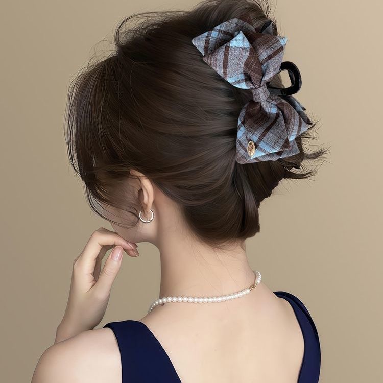 秋冬新款英伦学院风撞色格纹蝴蝶结抓夹经典复古布艺纽扣发夹头饰