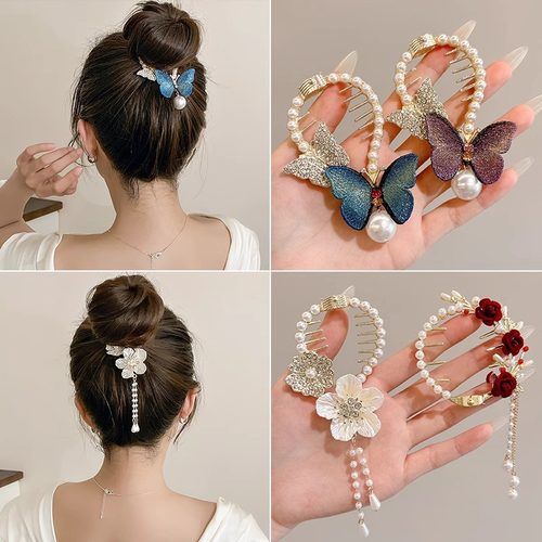 TKTK轻奢珍珠蝴蝶发夹新中式马尾扣优雅花朵抓夹女饰配马面裙后脑