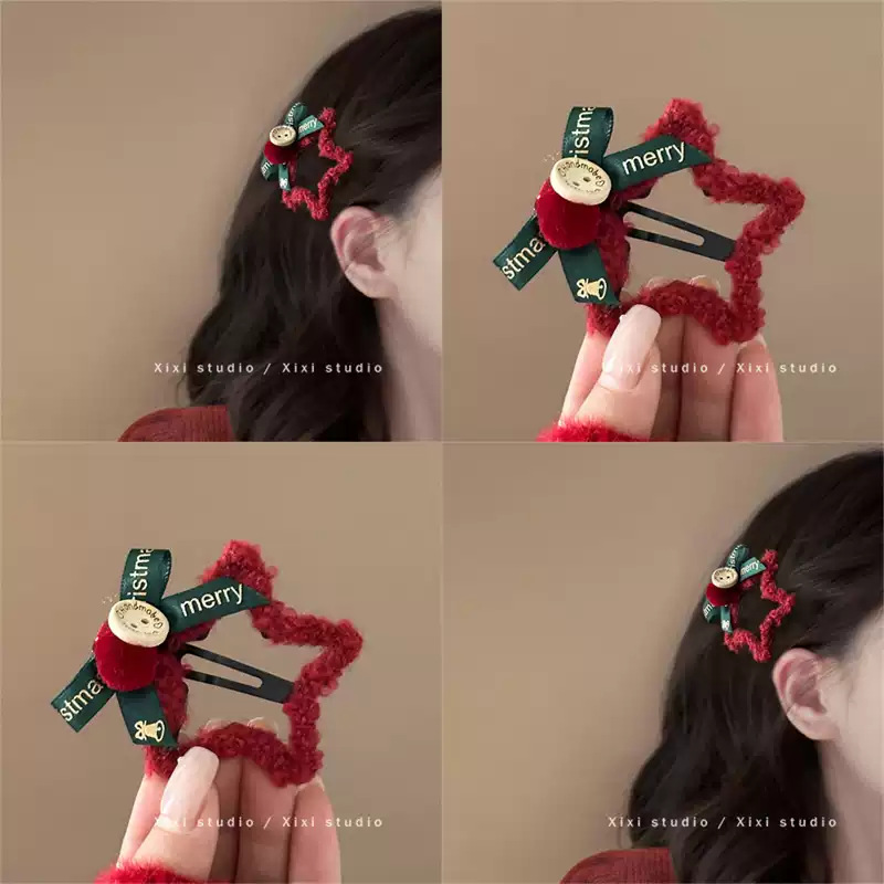 TKTK星星点灯！红色星星发夹！圣诞刘海夹蝴蝶结边夹盘发器洋气碎