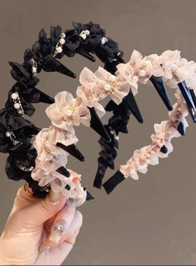 甜美网纱褶皱发箍气质倒插防滑头箍珍珠点缀发捆发饰洋气头饰发卡