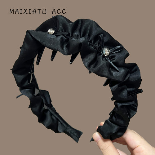TKTK月光织梦宽边发箍精致缎面水钻蝴蝶结褶皱头箍高颅顶显脸小