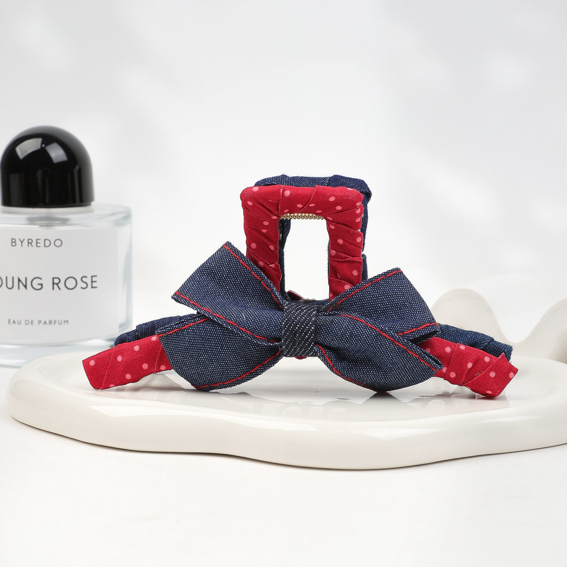 TKTK跨境2025新款AB面撞色抓夹波点爱心牛仔蝴蝶结盘发夹后脑勺