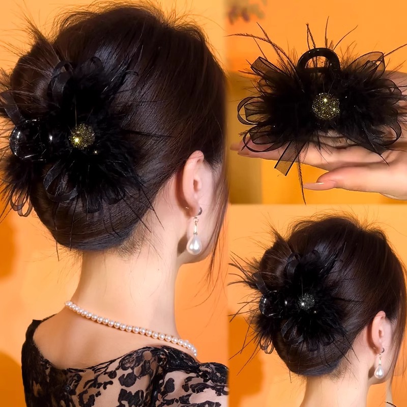 tktk2025新款韩版感鸵鸟毛鲨鱼夹女大号黑色羽毛发卡秋季抓夹