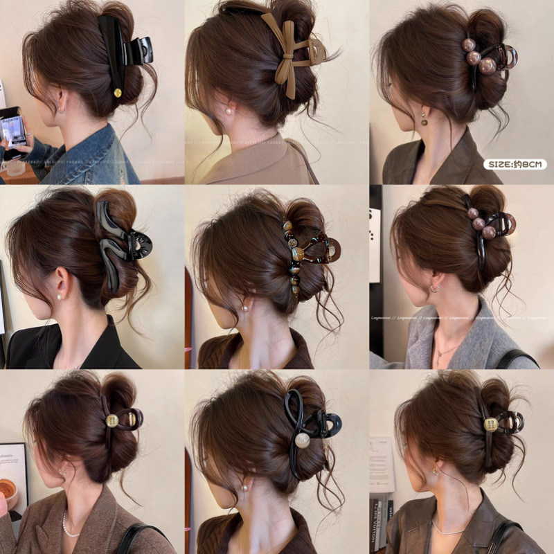 大号盘发爱心鲨鱼夹简约ins蝴蝶结抓夹发卡咖色复古亚克力发夹女