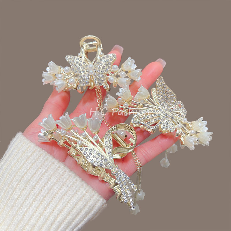 小号铃兰花蝴蝶流苏发夹后脑勺精致抓夹女夏季感鲨鱼夹子头饰