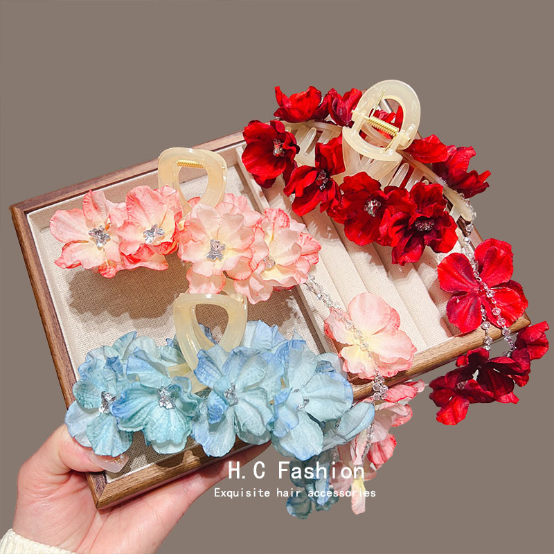 感花朵流苏抓夹女新款发抓温柔半扎发夹甜美后脑勺盘发鲨鱼夹