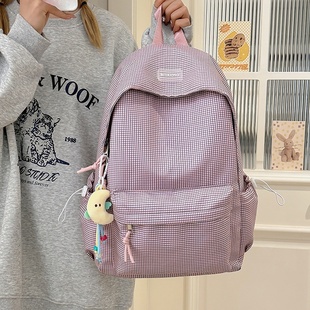 2026新款大学生书包女初中生简约轻便百搭格子背包高中生上课包