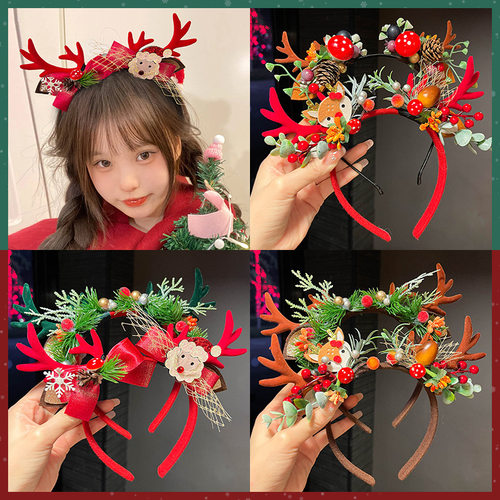 TKTK2025新款圣诞节毛绒发箍可爱圣诞老人格子蝴蝶结头箍卡通拍照