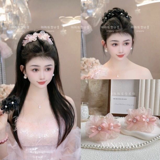 tktk2025款轻奢气质感网纱花朵珠珠蝴蝶结碎发夹发饰7cm