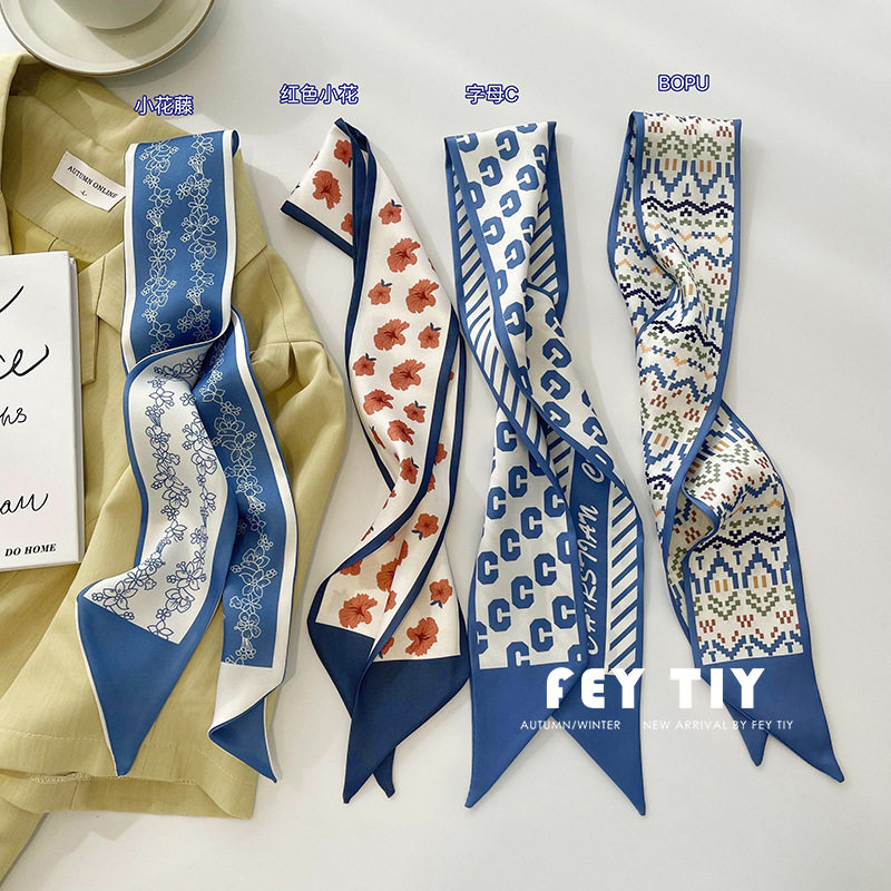 tktk蓝色长条小丝巾女发带绑发细窄飘带感春秋款洋气时尚搭配衬衫