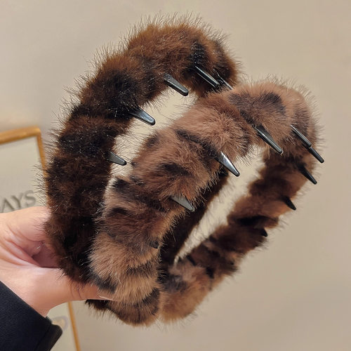 TKTK早秋豹纹毛绒高颅顶发箍女款2025新款头箍带齿防滑洗脸压发卡