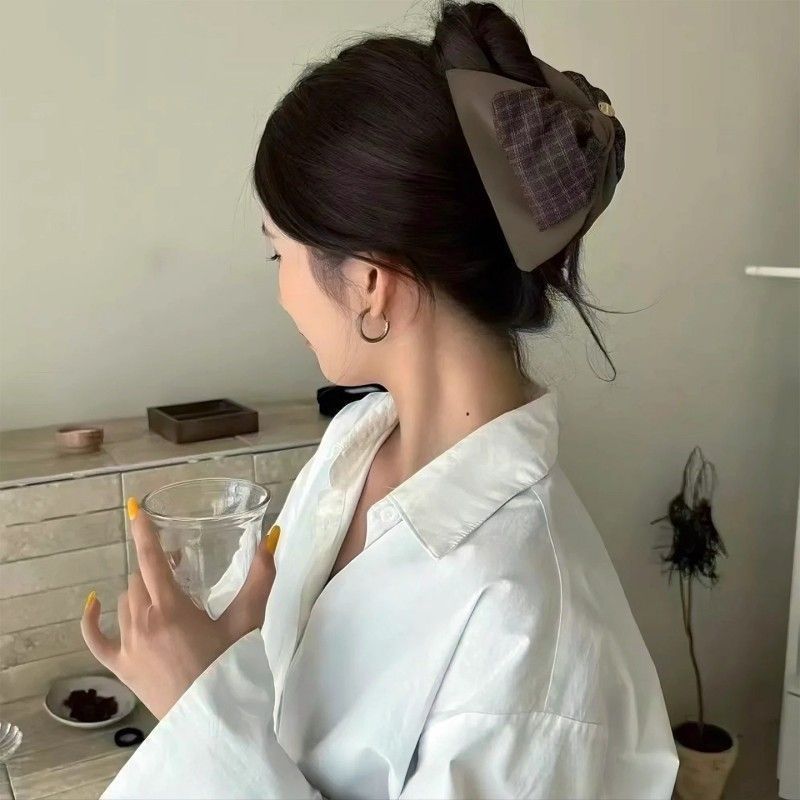 TKTK可折叠双层蝴蝶结格纹三角抓夹女秋冬饱满后脑勺鲨鱼夹复古