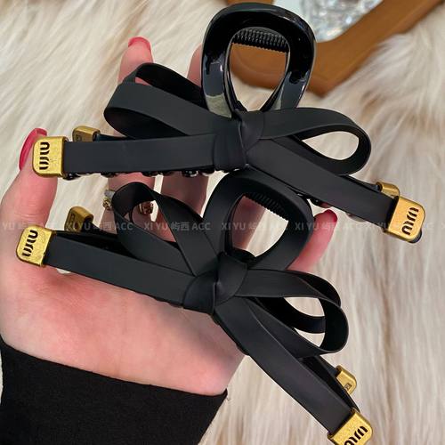 TKTK跨境2025新款后脑勺黑色皮质蝴蝶结大号抓夹盘发磨砂发夹女