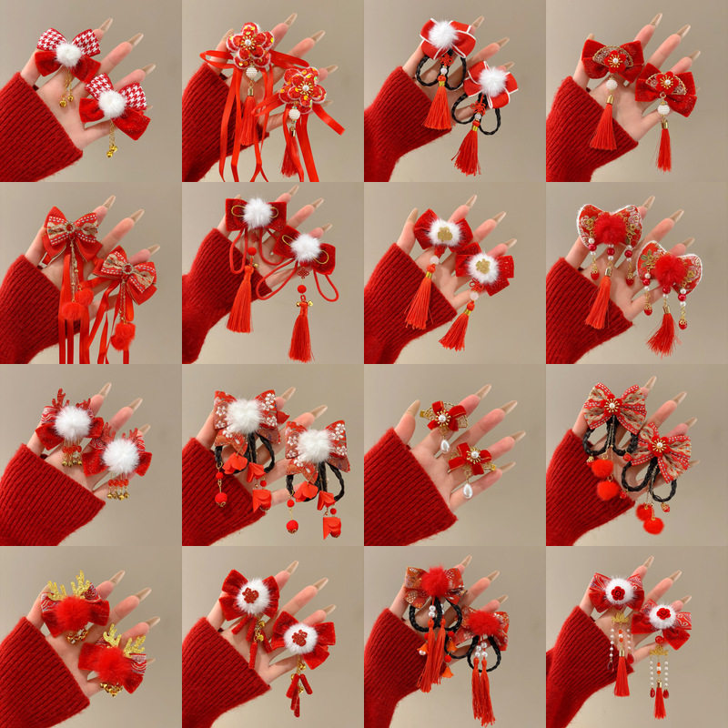 TKTK新中式红色夹子可爱氛围感古装对夹新年发夹马年蝴蝶结醒狮