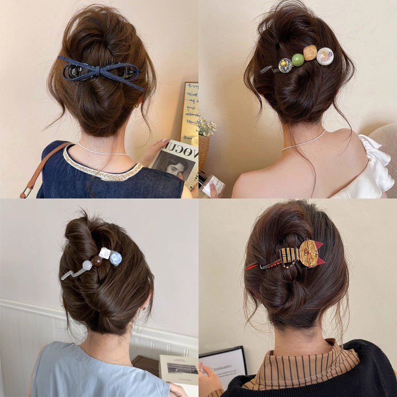 TKTK后脑勺黑色蝴蝶结气质珍珠发夹一字抓夹女2025新款扭扭夹鲨鱼