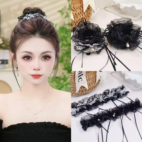 TKTK新款网纱蝴蝶结宽边外出时尚百波浪啪啪圈黑色发圈气质头花