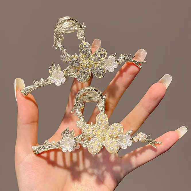 感树枝水钻珍珠梅花抓夹甜美气质后脑勺发卡温柔盘发鲨鱼夹