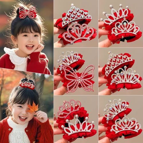 tktk红色儿童皇冠丸子头发夹盘发女童高马尾盘发扣不伤发过年头饰