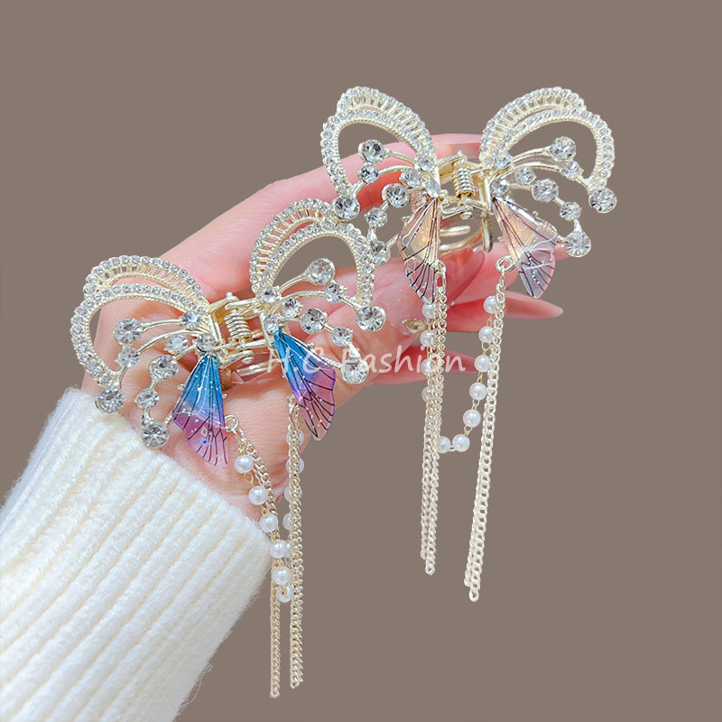 镶钻蝴蝶珍珠流苏抓夹时尚百搭半扎盘发夹女超仙气质鲨鱼夹饰品