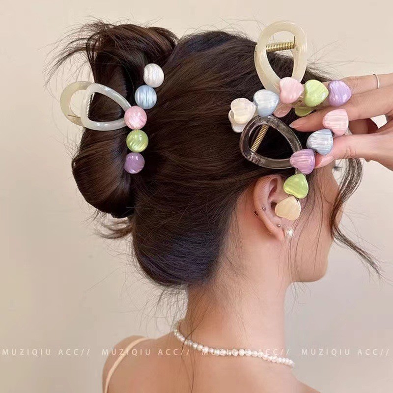 新款月光珠抓夹感甜美鲨鱼夹半扎发后脑勺发夹高马尾发抓头饰
