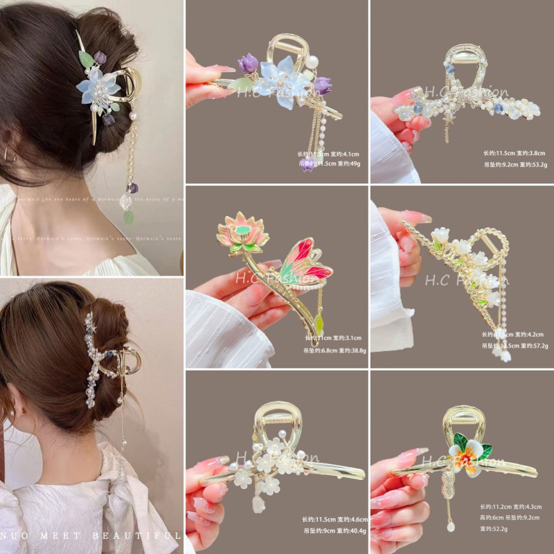感山茶花流苏发夹女后脑勺抓夹大号韩国轻奢鲨鱼夹子头饰发卡