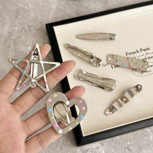 tktk复古波点彩豆鸭嘴发卡女y2k前额侧边碎发整理银色滴油夹