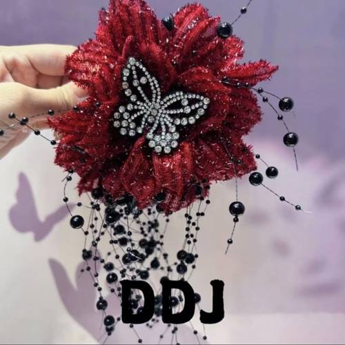 TKTK花吻蝶原创设计百搭气质亮丝花朵蝴蝶流苏抓夹头花头饰夸张