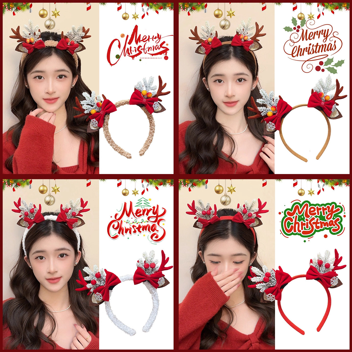 tktk跨境圣诞节头饰麋鹿角发箍可爱毛绒发饰拍照装扮发卡圣诞发夹