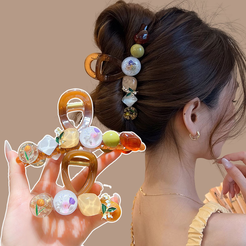 韩系复古小清新永生花抓夹感后脑勺发夹气质盘发鲨鱼夹饰品