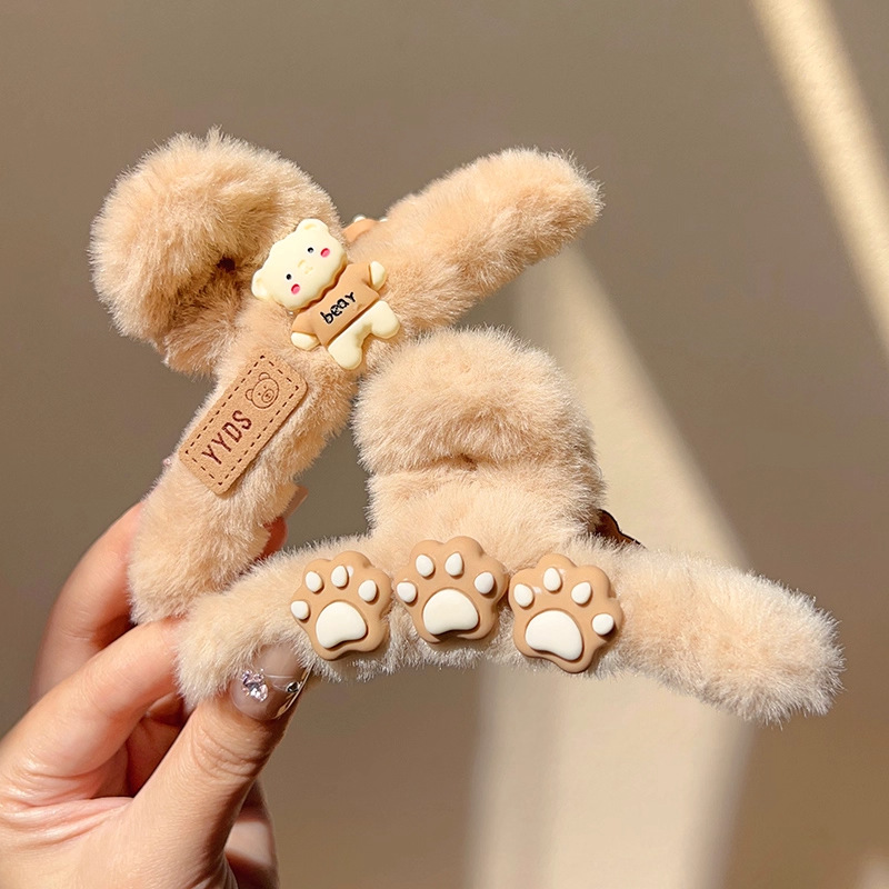 TKTK儿童可爱AB面小熊毛绒发夹女2025新款头发抓夹子头饰后脑勺