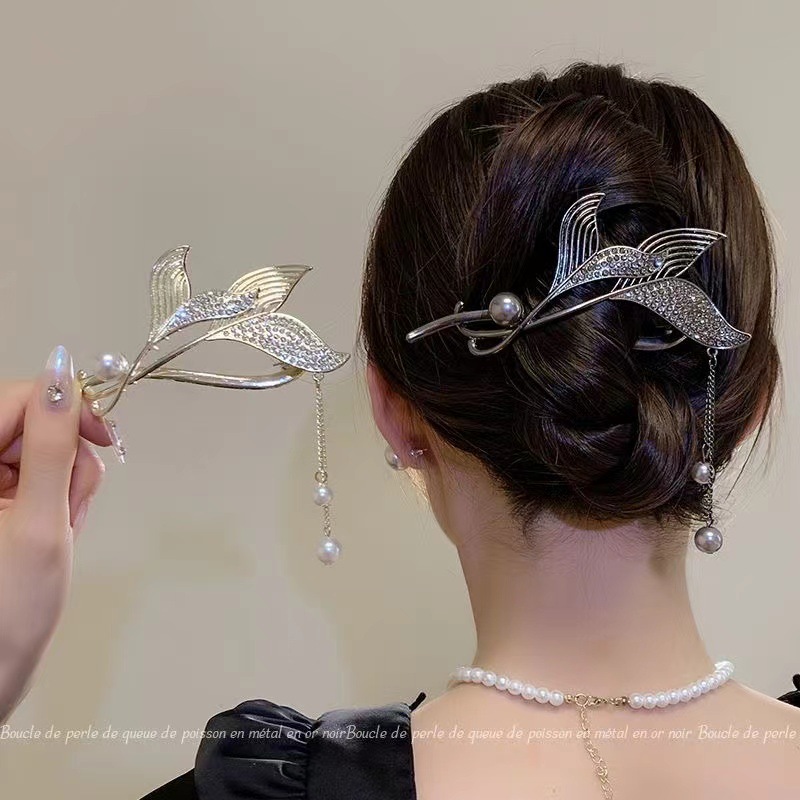 新款鱼尾盘发扭扭夹发卡后脑勺感流苏头饰女抓夹气质一字发夹