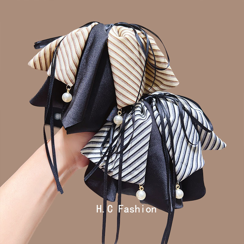 精致轻奢条纹蝴蝶结马尾夹女时尚感后脑勺抓夹发卡半扎发发夹