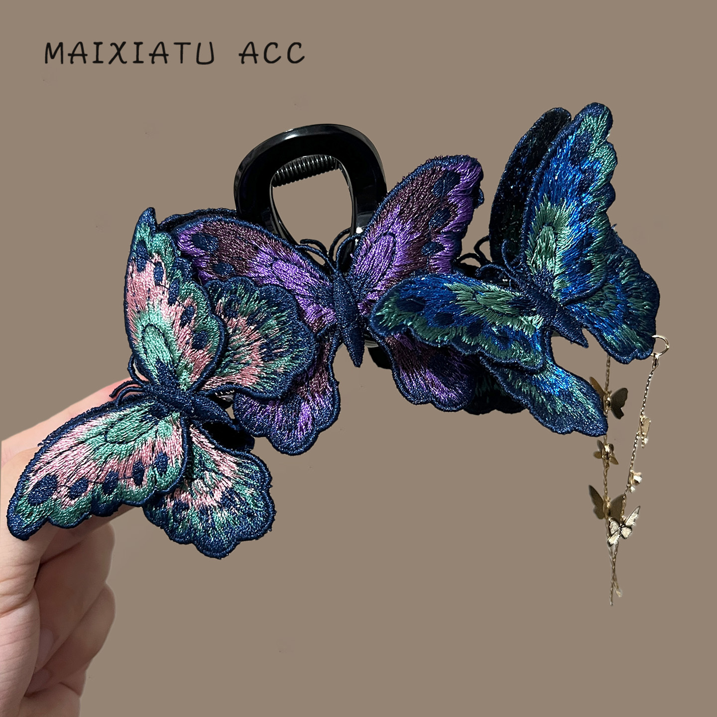 【斑斓抓夹】国风蝴蝶发夹新中式流苏鲨鱼夹纯手工刺绣焕彩蝴蝶抓