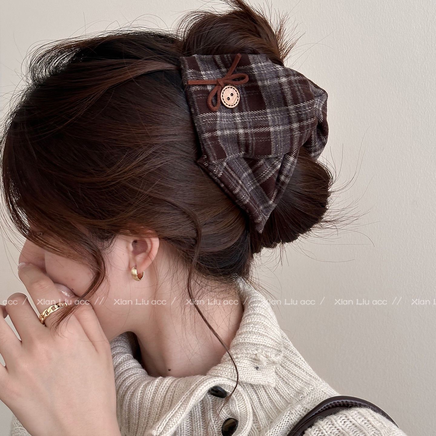 新款感气质英伦学院风三角抓夹复古撞色格纹蝴蝶结鲨鱼夹头饰