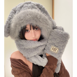 TKTK耳朵毛绒帽子围巾手套一体女骑车秋冬季保暖百搭口罩护耳围脖