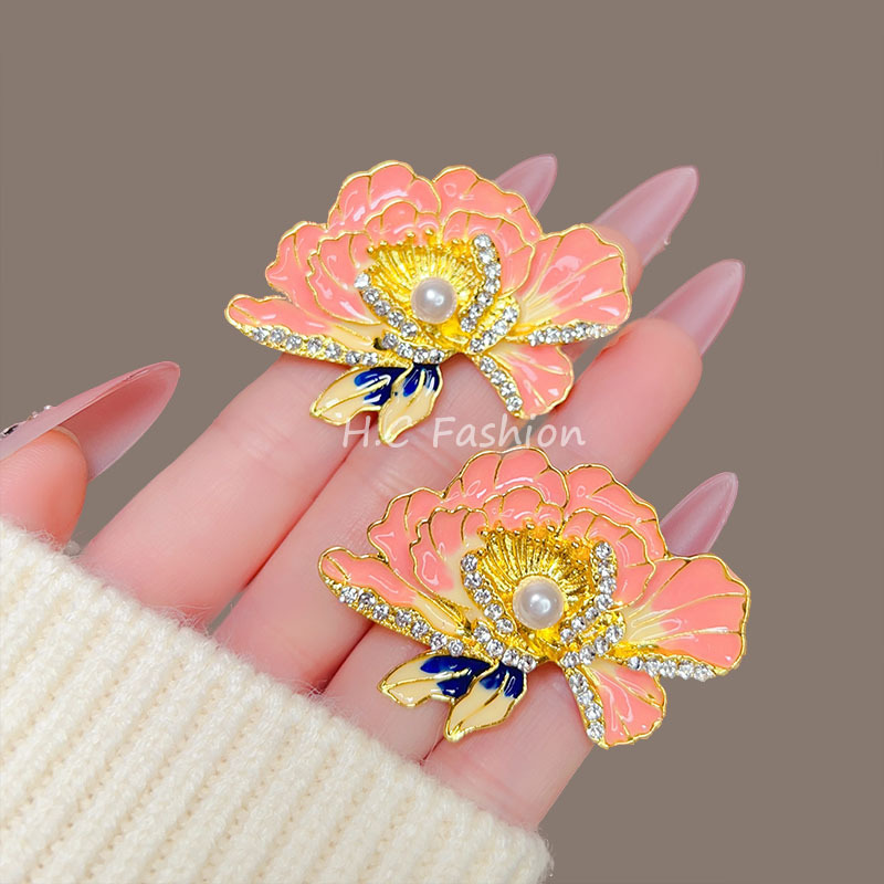 新款国风牡丹花胸针高档女胸花别针珐琅高档西装配饰别针大衣装饰