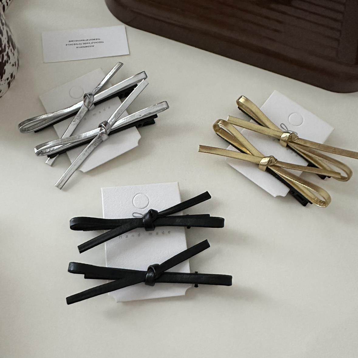 TKTK跨境博主同款复古简约皮质蝴蝶结发夹前额对夹刘黑夹侧边发卡