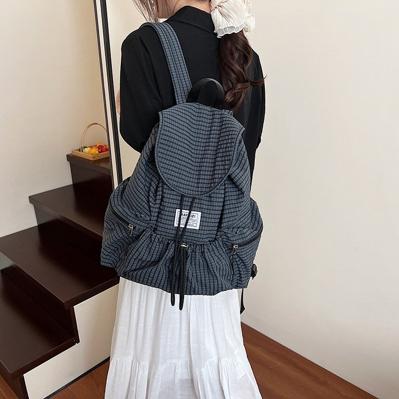 2026新款格子尼龙帆布包抽绳双肩包新时尚韩版双肩背包休闲大容量