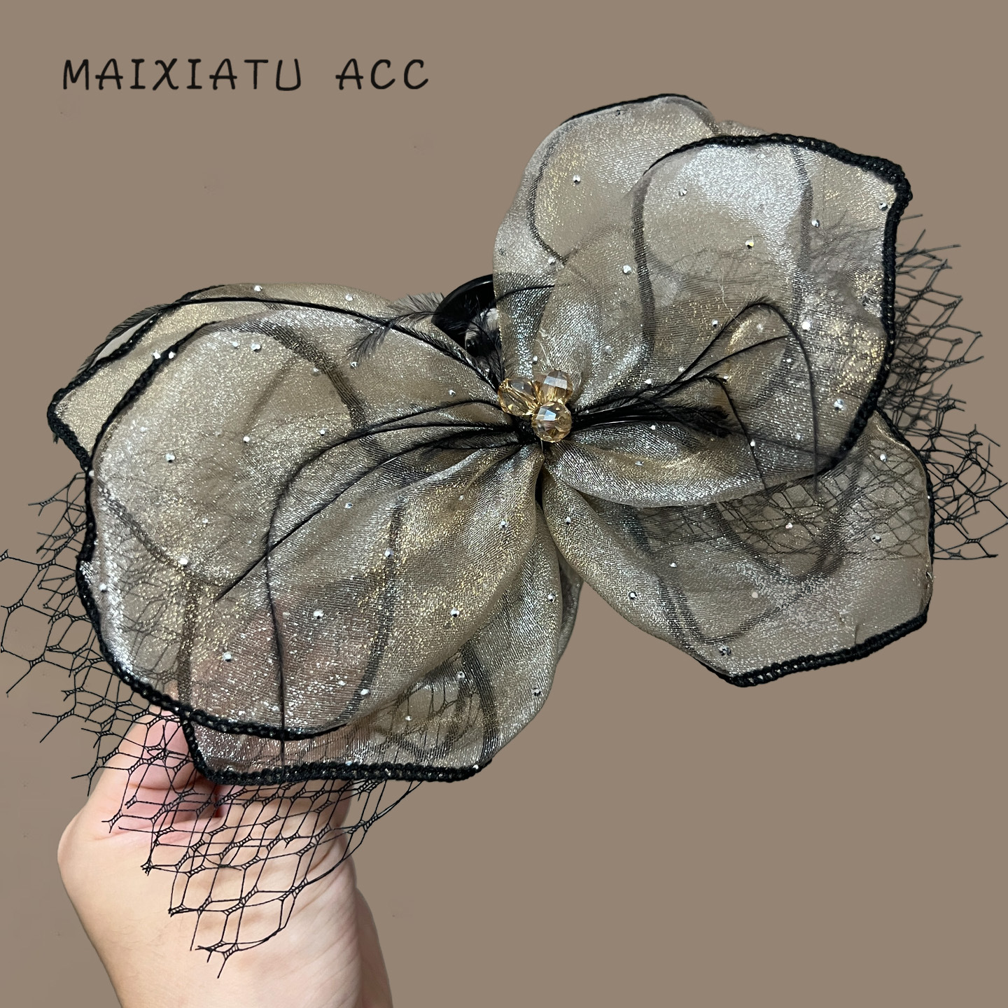 复古感网纱鲨鱼夹赫本风精致手工气质氛围感抓夹黑色气质发夹